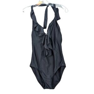 Bleu by Rod Beattie Black Plunging Ruffled Strappy One Piece‎ Swimsuit Stretch